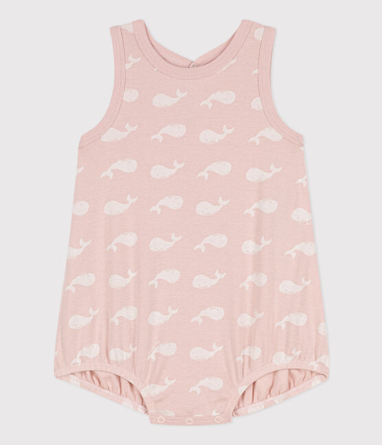 Korte playsuit van katoen met roze walvissen voor baby's SALINE/ MARSHMALLOW