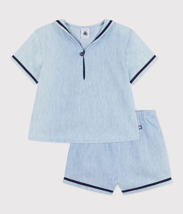 Ensemble b&eacute;b&eacute; 2 pi&egrave;ces en chambray, tee-shirt col vareuse bleu BLEU CLAIR