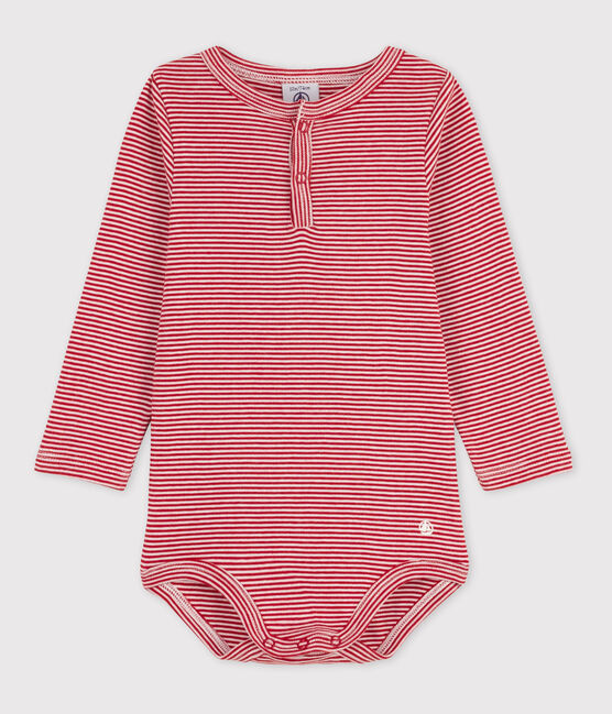 Katoenen body met lange mouwen en Tunesische gestreepte hals voor baby's STOP/ MARSHMALLOW