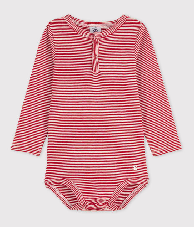 Katoenen body met lange mouwen en Tunesische gestreepte hals voor baby's rood/wit