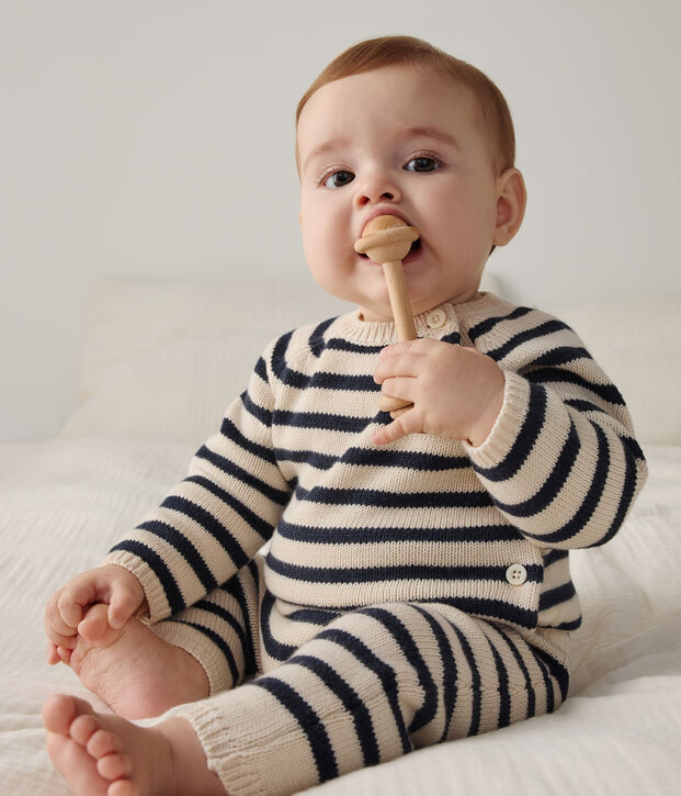 Gestreept marini&egrave;re babypakje van wol en katoen ecru/blauw