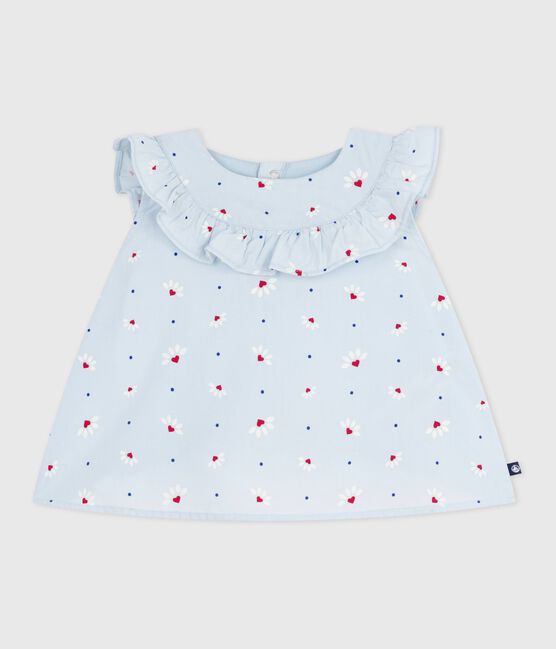 Blouse bébé en popeline de coton sans manches, imprimé fleurs bleu FRAICHEUR/blanc MULTICO