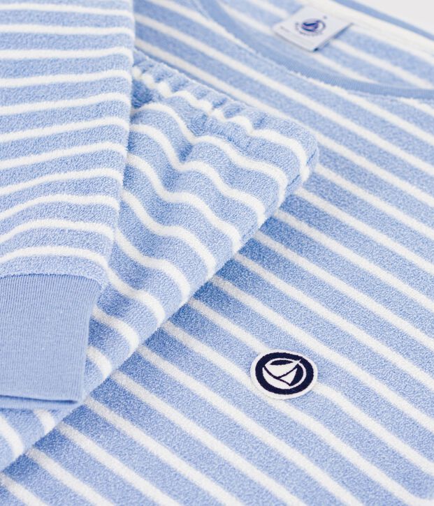Pyjama femme en coton &eacute;ponge &agrave; rayures bleu/&eacute;cru
