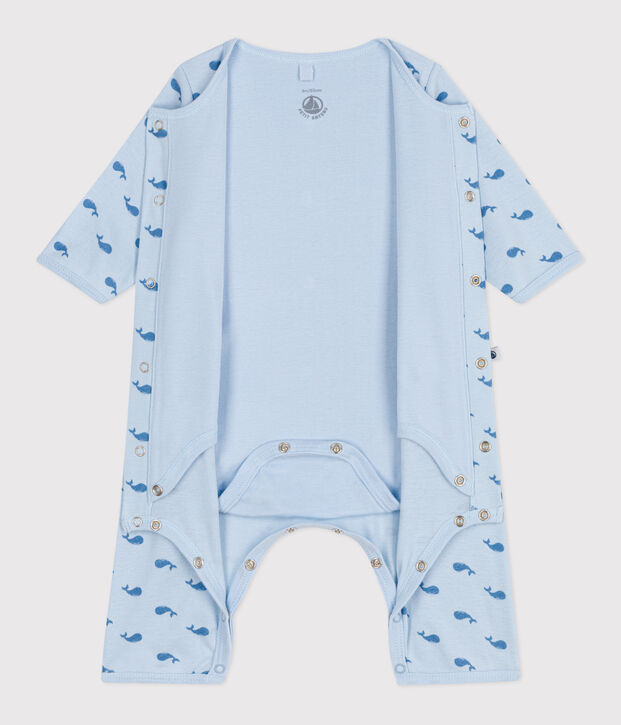 Katoenen bodypyjama zonder voetjes voor baby's met walvisprint blauw/blauw
