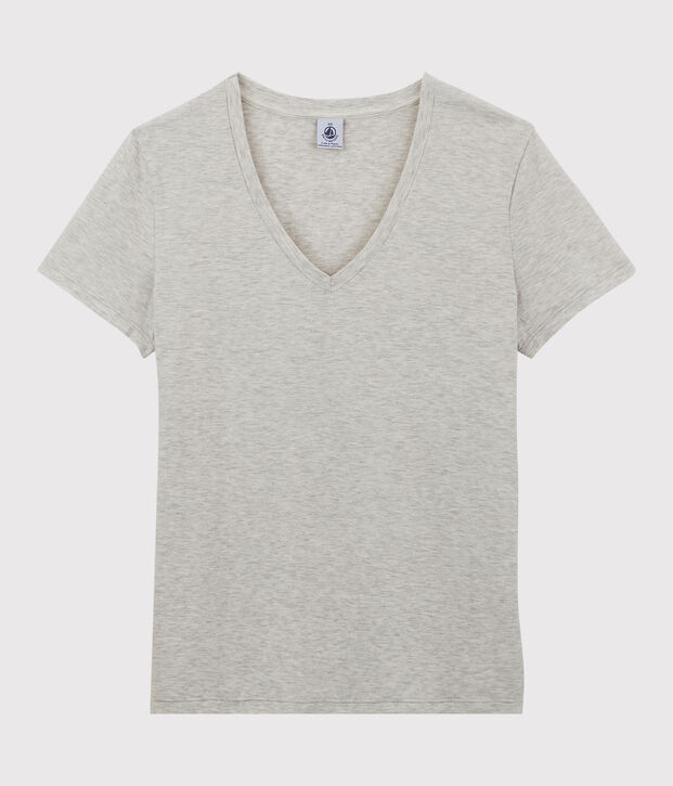 DE STRAIGHT-FIT, T-shirt voor dames met V-hals in katoen BELUGA CHINE