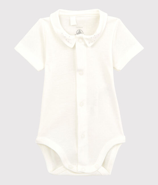 lezer Oven Oxide Romper met korte mouwen en witte kraag voor baby's, van biologisch katoen  MARSHMALLOW | Petit Bateau