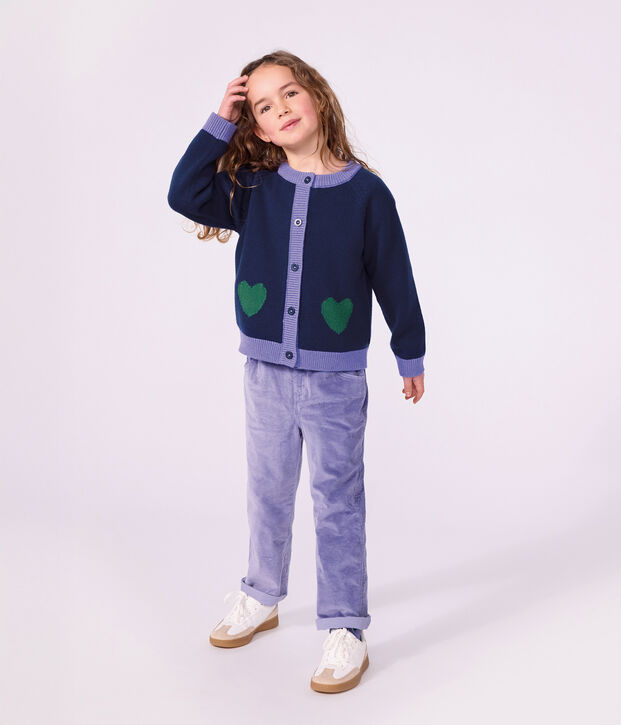 Cardigan enfant en laine et coton uni bleu marine