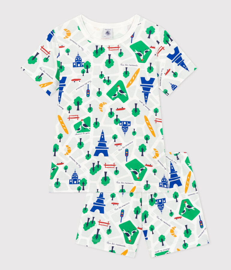 Pyjama short imprim&eacute; Paris en coton enfant blanc/bleu/multicouleur