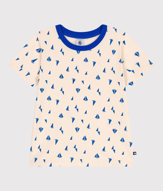 Tee-shirt enfant en coton manches courtes imprim&eacute; &eacute;cru/bleu