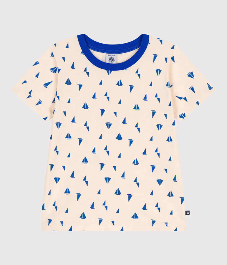 Katoenen T-shirt met korte mouwen en print voor kinderen ecru/blauw