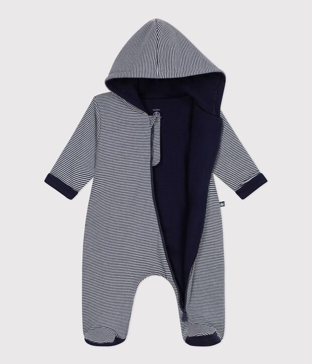 Combinaison ouatin&eacute;e b&eacute;b&eacute; &agrave; capuche et pieds, ray&eacute;e bleu/blanc