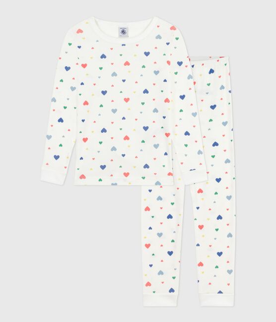 Pyjama enfant en coton jambes très ajustées imprimé cœurs blanc MARSHMALLOW/blanc MULTICO
