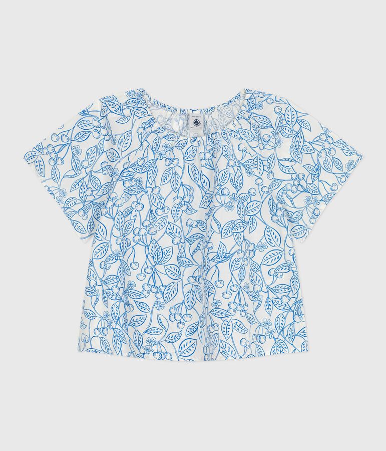 Blouse enfant en coton manches courtes imprim&eacute; cerises blanc/bleu