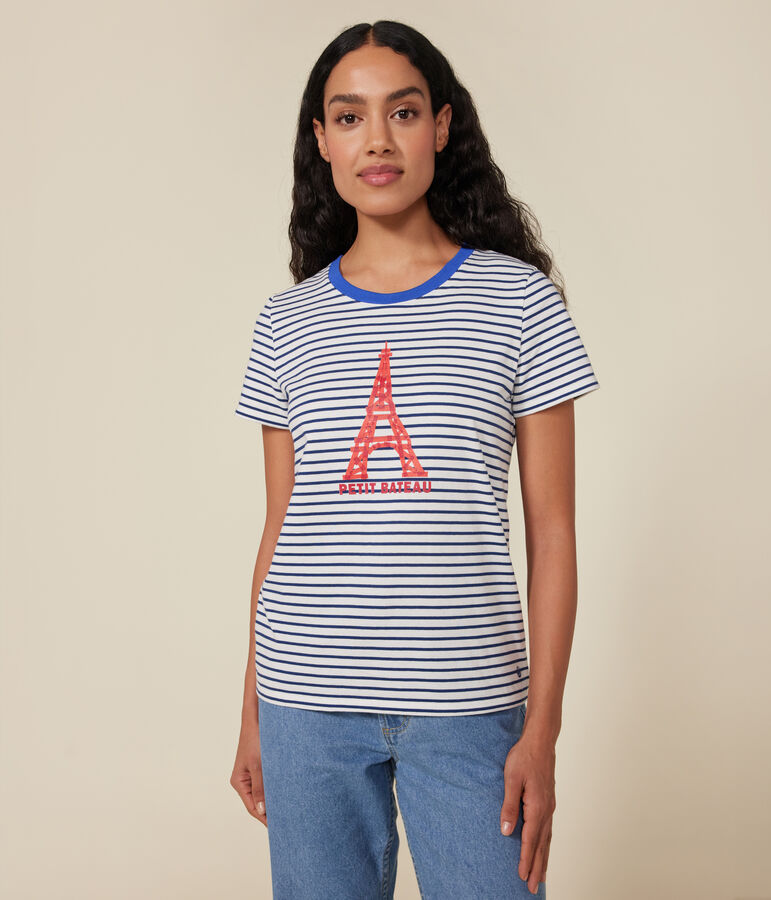 Tee-shirt Le Droit col rond en coton femme blanc/bleu