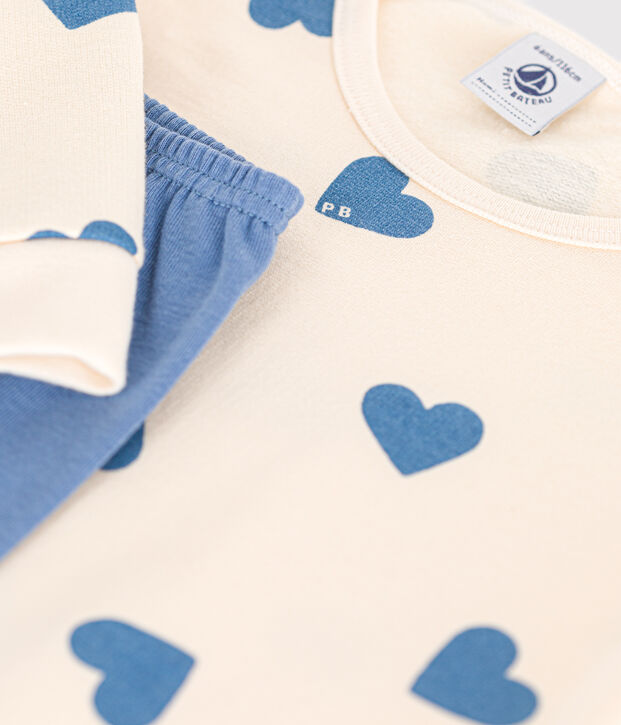 Chemise de nuit en molleton gratt&eacute; imprim&eacute; c&oelig;urs enfant bleu/&eacute;cru