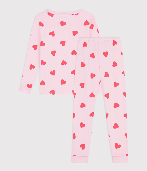 Nauw aansluitende katoenen kinderpyjama met hartjesprint roze/oranje