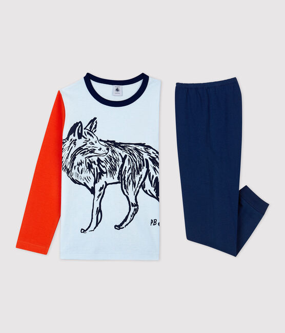 Katoenen jongenspyjama met wolvenmotief blauw MEDIEVAL/wit MULTICO