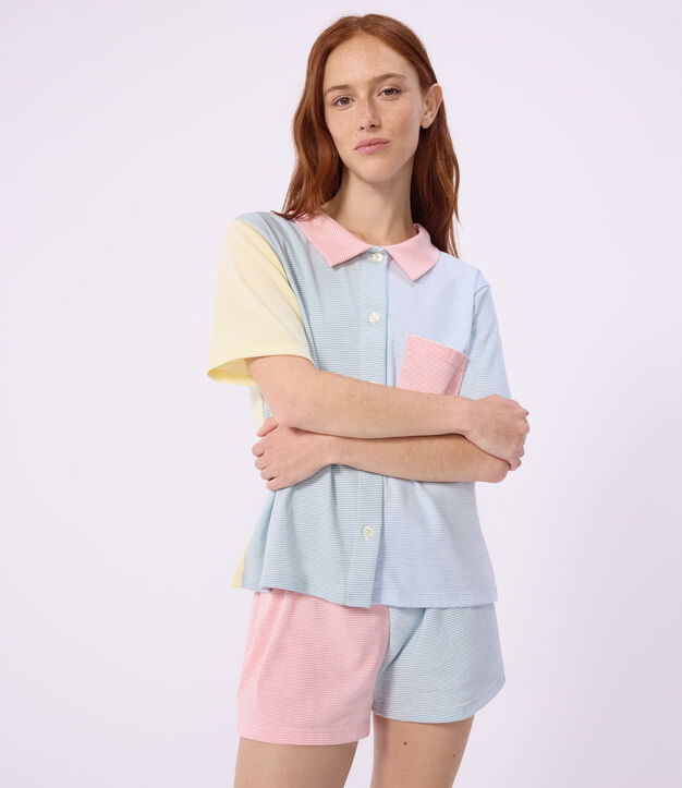 Pyjama short boutonn&eacute; femme en coton &agrave; rayures blanc/multicouleur