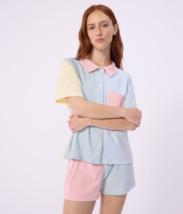 Pyjama short boutonn&eacute; femme en coton &agrave; rayures blanc/multicouleur