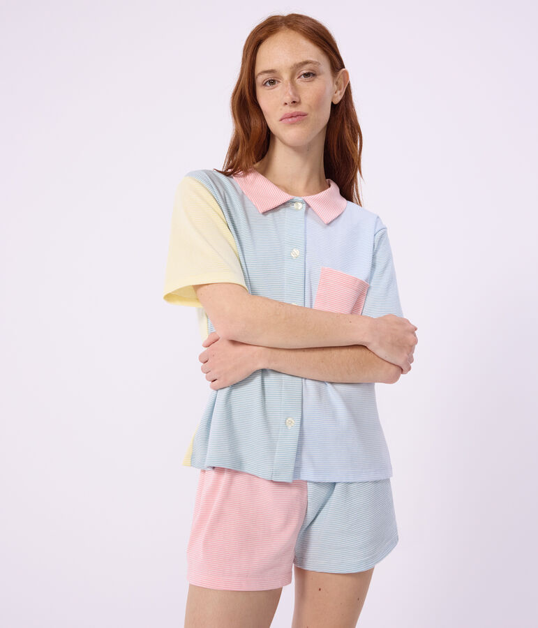 Pyjama short boutonn&eacute; femme en coton &agrave; rayures blanc/multicouleur