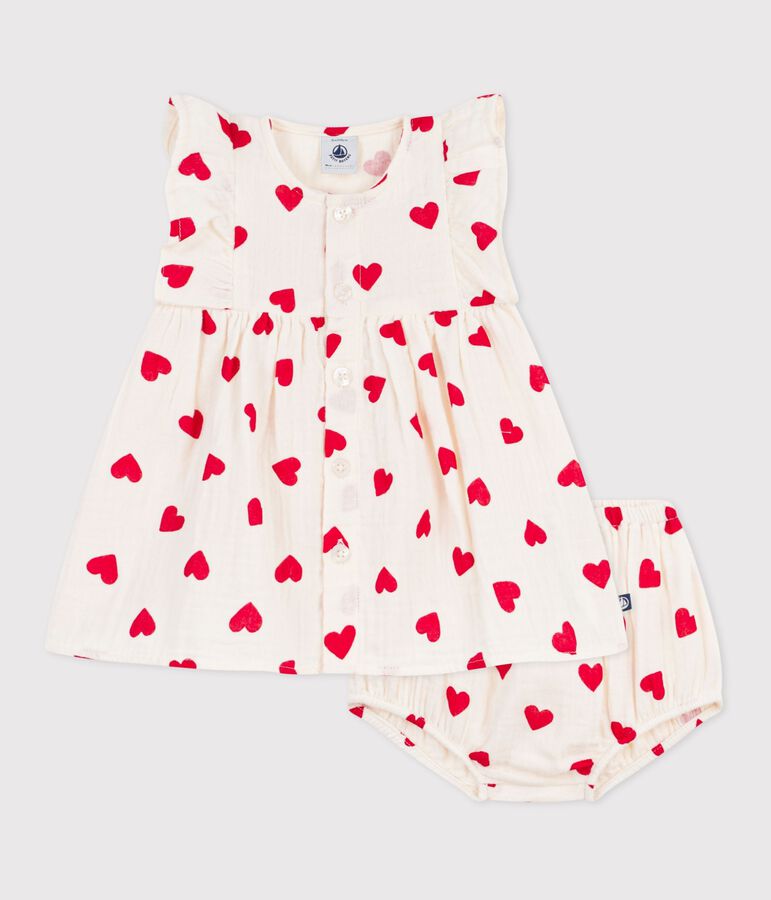 Robe b&eacute;b&eacute; en coton avec son bloomer, imprim&eacute;s c&oelig;urs rouge MILK/ TERKUIT