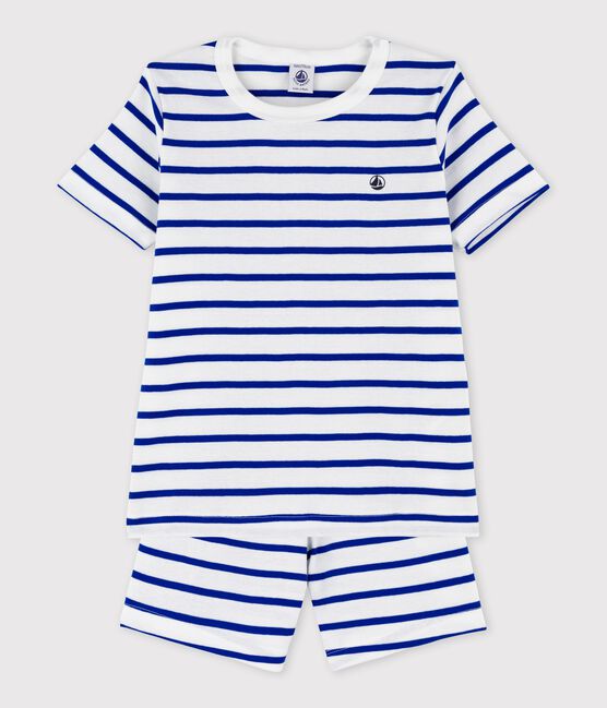 Korte katoenen gestreepte pyjama voor kleine jongens wit MARSHMALLOW/blauw SURF