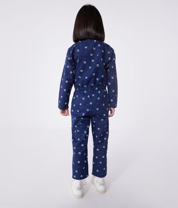 Katoenen kinderjumpsuit met lange mouwen en bloemenprint blauw/wit