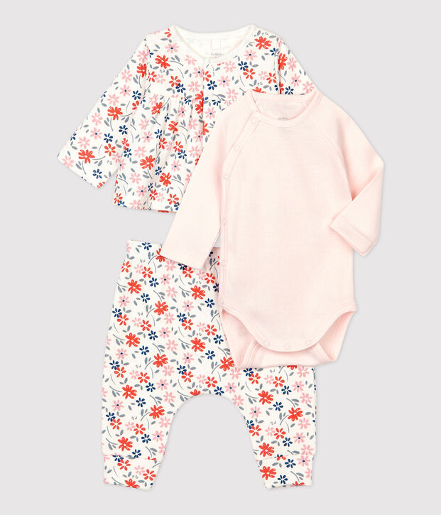 Ensemble 3 pi&egrave;ces imprim&eacute; fleurs b&eacute;b&eacute; fille en coton biologique blanc/multicouleur