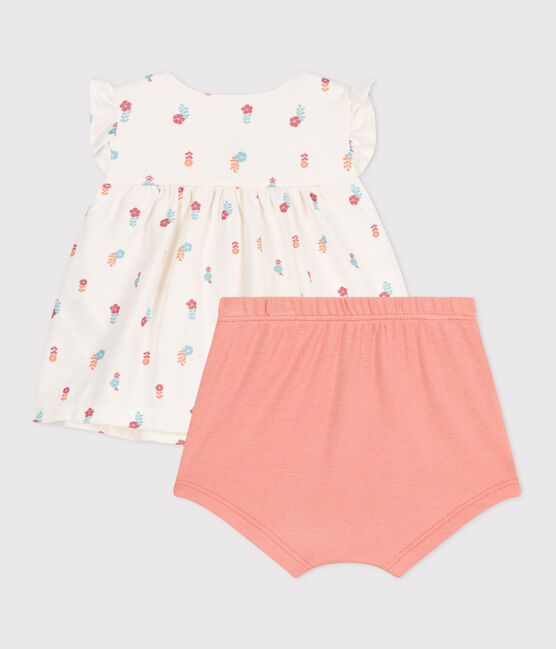 Ensemble naissance deux pièces en coton avec blouse volanté blanc MARSHMALLOW/blanc MULTICO