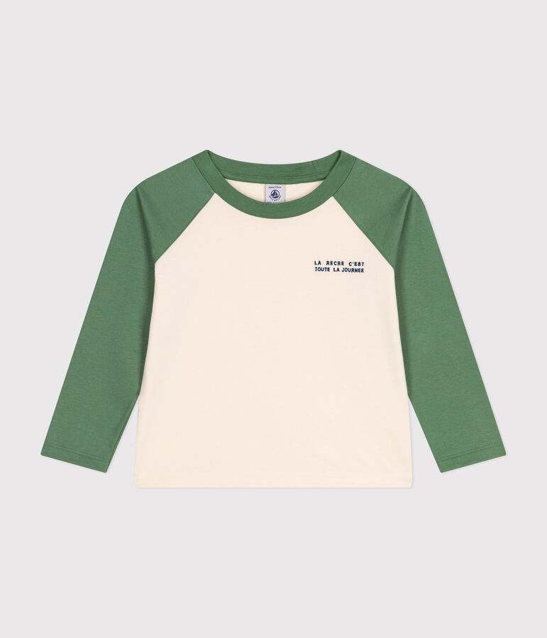 Tee-shirt manches longues en jersey fin enfant gar&ccedil;on &eacute;cru/vert