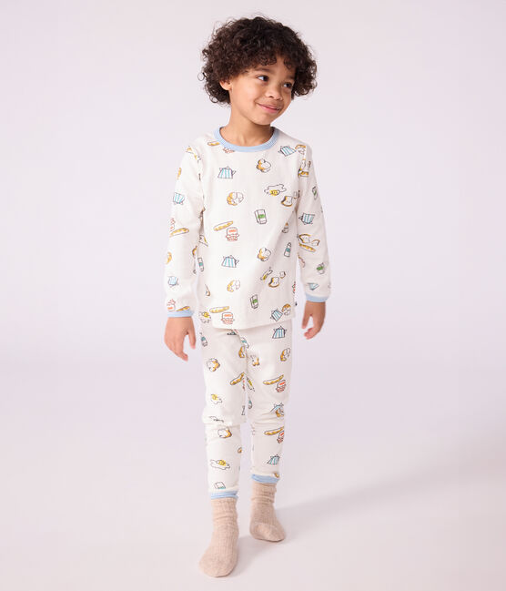 Pyjama enfant en tubique imprimé petit déjeuner blanc MARSHMALLOW/blanc MULTICO