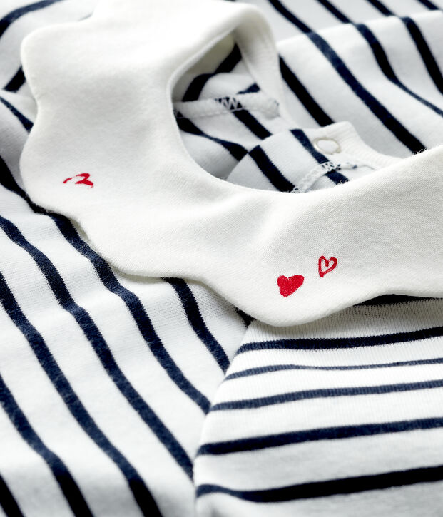 Robe manches courtes en c&ocirc;te ray&eacute; b&eacute;b&eacute; fille blanc/bleu