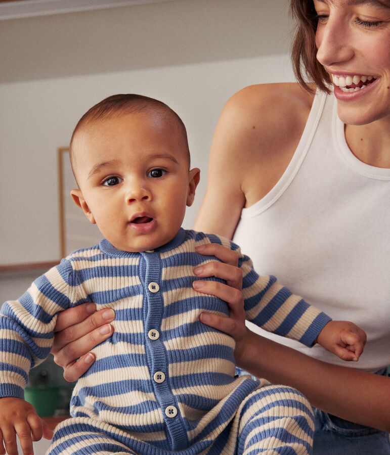 Combinaison ray&eacute;e en tricot de laine et coton b&eacute;b&eacute; bleu/&eacute;cru