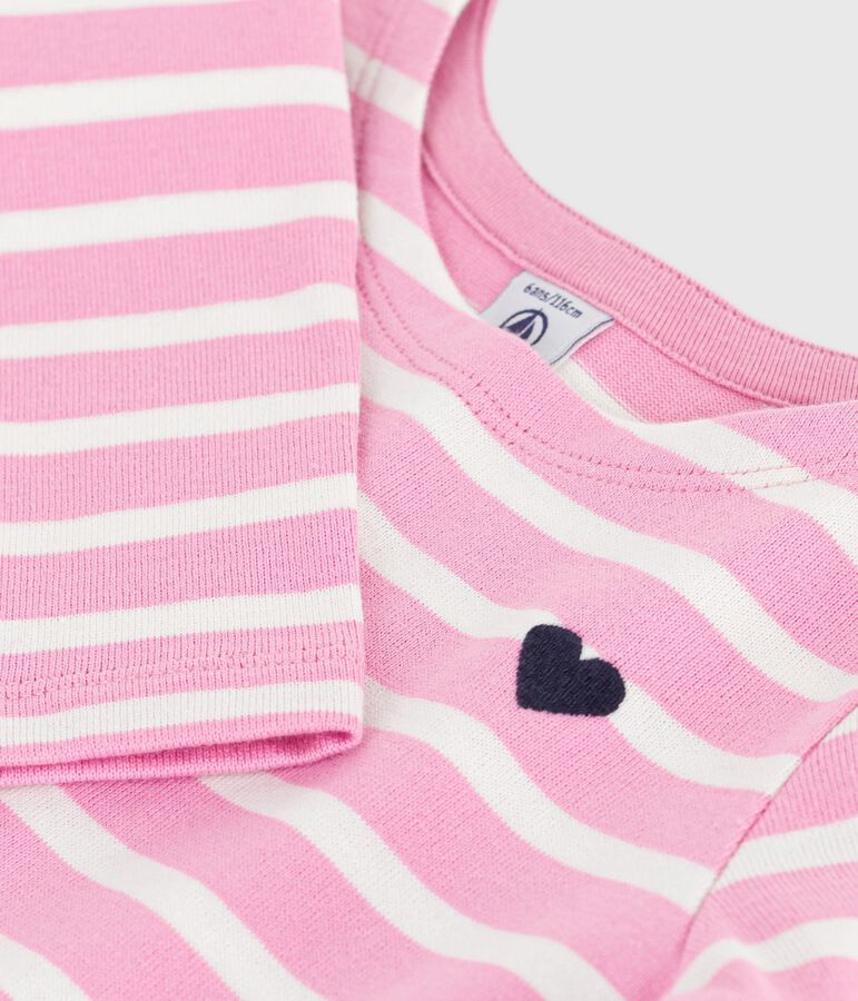 Robe enfant manches longues en coton rose/&eacute;cru