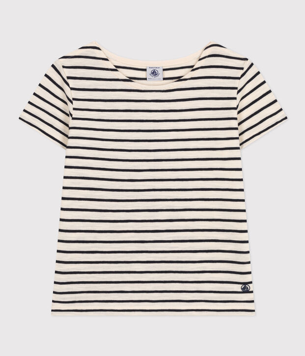 Tee-shirt ray&eacute; en jersey flamm&eacute; enfant fille &eacute;cru/bleu