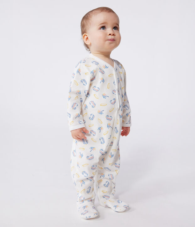 Katoenen babypyjama met busjesprint wit/multicouleur