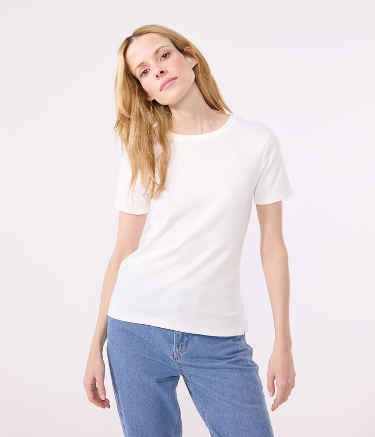 L'Iconique, T-shirt met korte mouw van effen ribstof voor dames wit