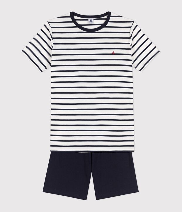 Geribde pyjama met marini&egrave;restrepen uniseks wit/blauw