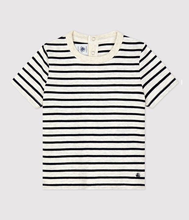Tee-shirt manches courtes ray&eacute; en coton b&eacute;b&eacute; beige/bleu