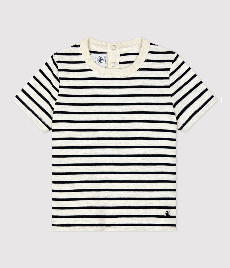 Tee-shirt manches courtes ray&eacute; en coton b&eacute;b&eacute; beige/bleu