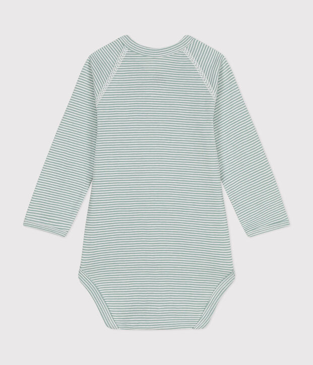 Body crois&eacute;s manches longues en coton b&eacute;b&eacute; vert/blanc