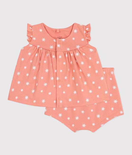 Ensemble naissance deux pièces en coton, imprimé soleils orange ABRICOT/ MARSHMALLOW