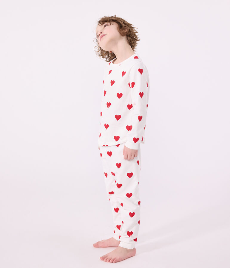 Pyjama enfant imprim&eacute; c&oelig;urs en c&ocirc;te blanc MARSHMALLOW/rouge TERKUIT