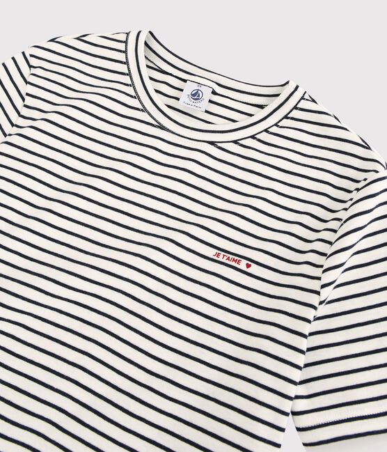 Gestreept katoenen T-shirt voor dames "Je t'aime" wit MARSHMALLOW/blauw SMOKING