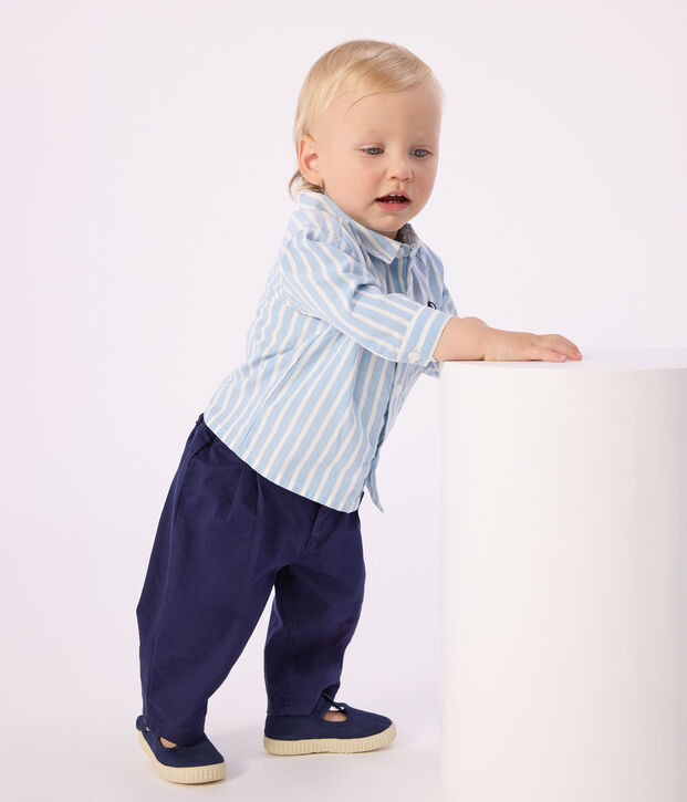 Gestreept katoenen babyhemdje met lange mouwen blauw/wit
