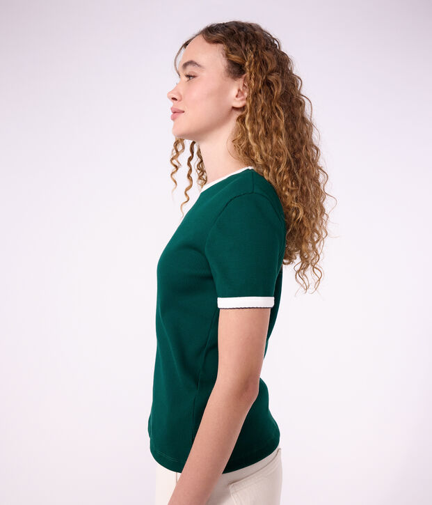 Tee-shirt femme en coton manches courtes uni vert fonc&eacute;