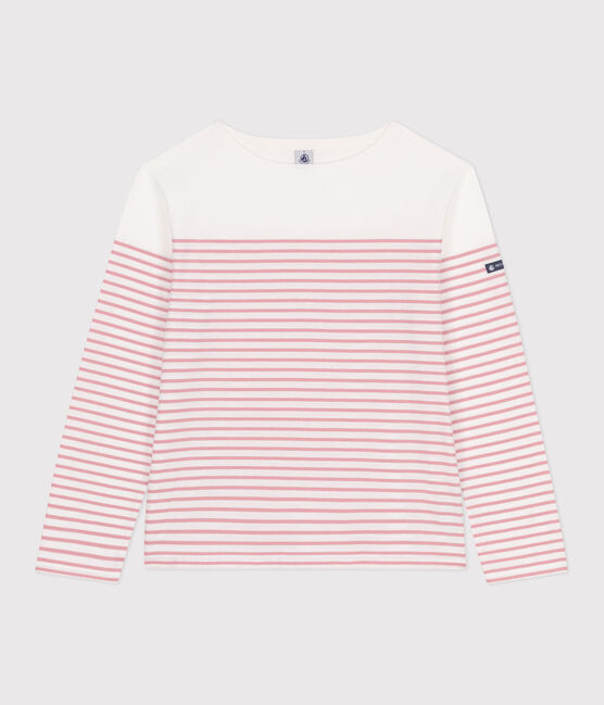 Teeshirt marinière femme en coton manches longues blanc MARSHMALLOW/rose CHARME
