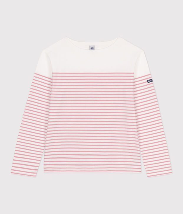 Tee-shirt marini&egrave;re femme en coton manches longues blanc/rose