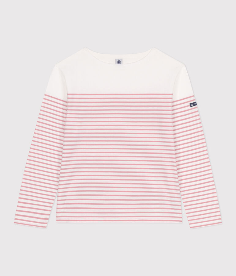 Teeshirt marini&egrave;re femme en coton manches longues blanc/rose