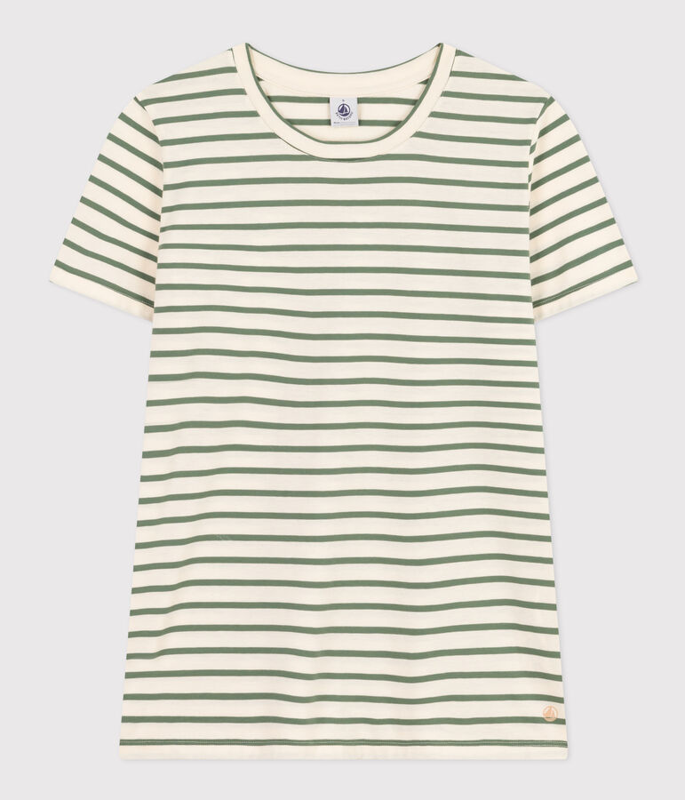 Tee-shirt LE DROIT col rond en coton Femme &eacute;cru/vert